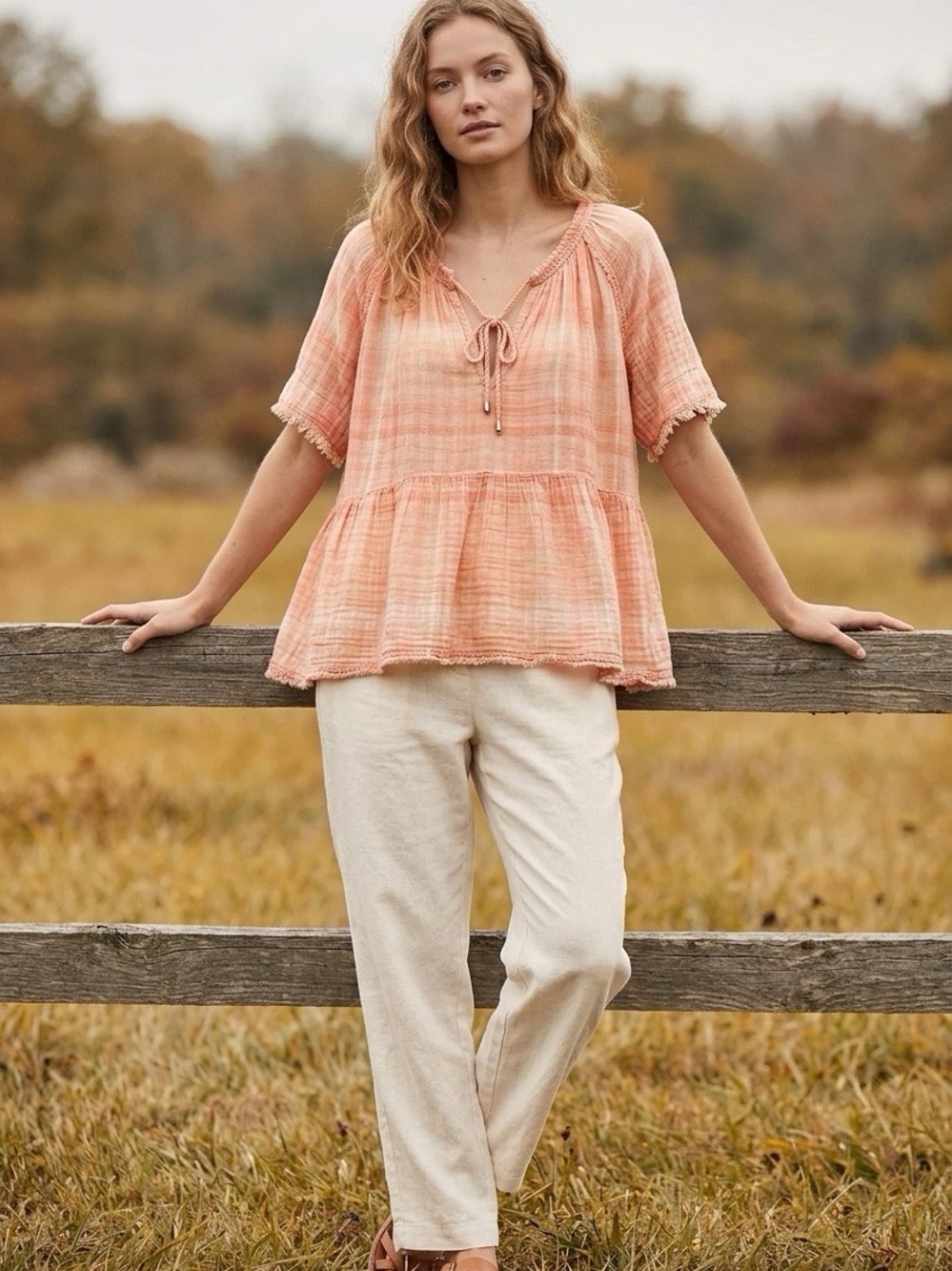 Pilcro Cottagecore Coral Plaid Cotton Tie-Neck Peasant Top Size Medium